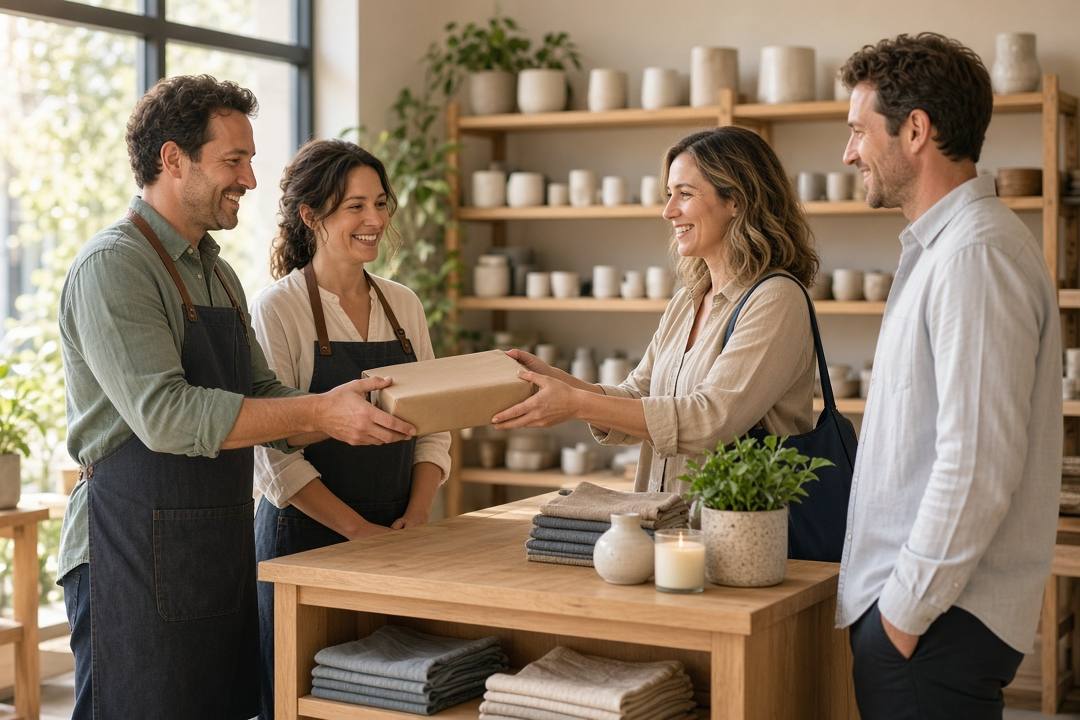 Two shop owners in aprons hand a wrapped parcel to smiling customers in a bright, plant-filled independent shop
