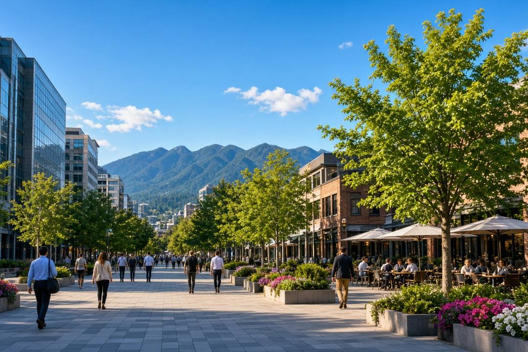 A sunny tree-lined plaza in a modern city under a blue sky, people walking past office buildings and a cafe patio, with forested mountains in the distance