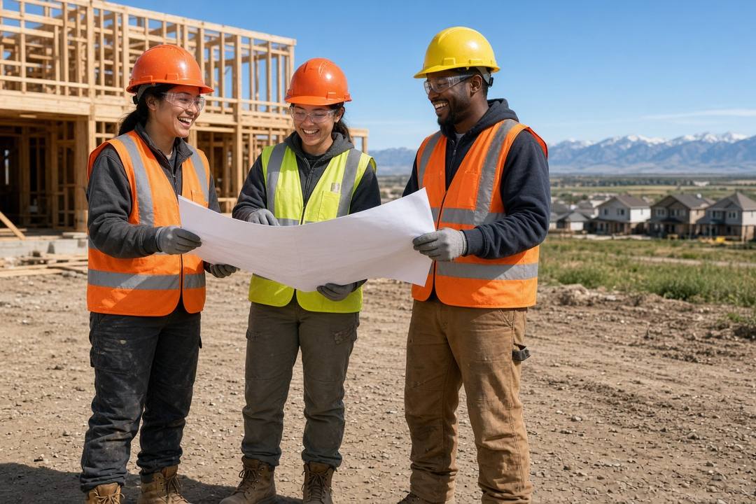 Illustrative image: three smiling young construction workers in hard hats, high-visibility vests, safety glasses and gloves stand on level ground reviewing a paper plan in front of a wood-frame house under construction, with a new neighbourhood and the Rocky Mountains in the distance.