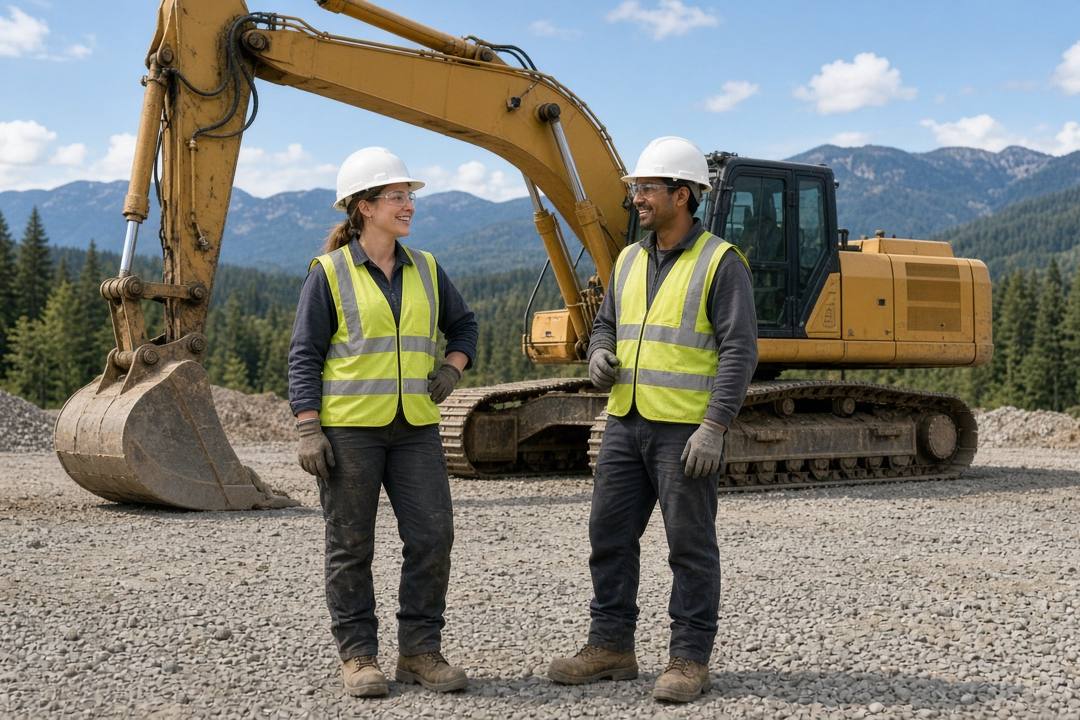 Illustrative image: two smiling young heavy-equipment workers in white hard hats, high-visibility vests, safety glasses and gloves stand on a gravel yard beside a parked yellow excavator with its bucket on the ground, with forested British Columbia mountains behind them.