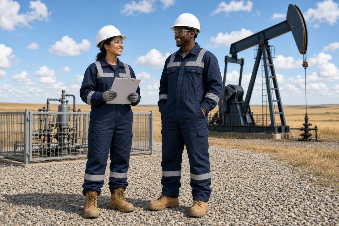 Illustrative image: two smiling young energy workers in white hard hats, navy reflective coveralls, safety glasses and work boots stand on gravel at a prairie wellsite, one holding a clipboard, with an idle pumpjack and a fenced wellhead behind them under a blue sky.