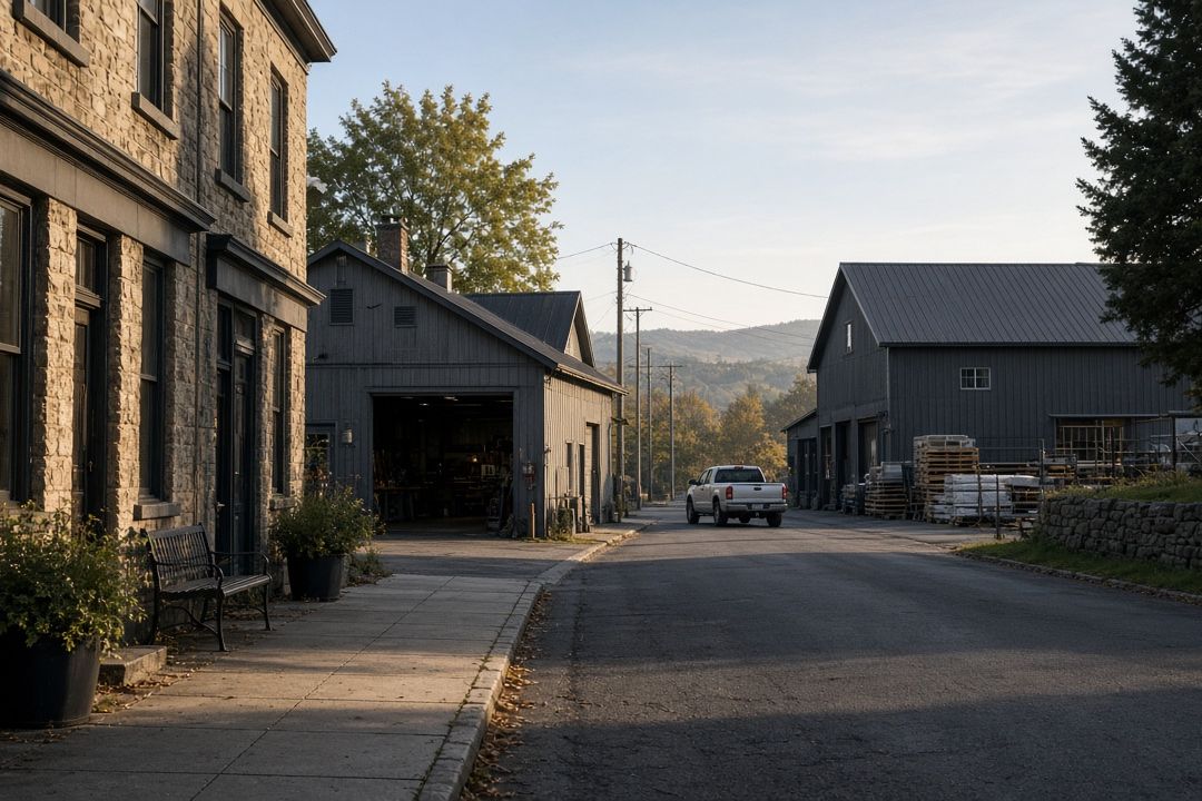 Stone storefront and workshop buildings on a quiet street in morning light, a pickup parked in the distance
