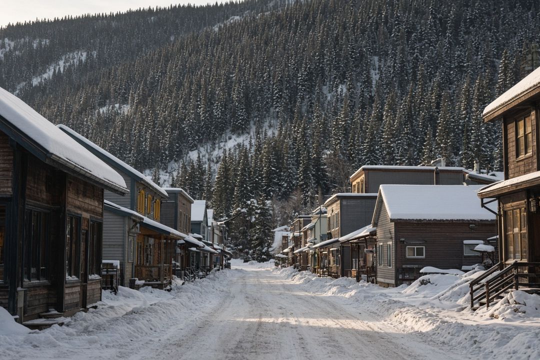 Snow-covered wooden buildings along a small street with a forested slope behind, warm light in windows