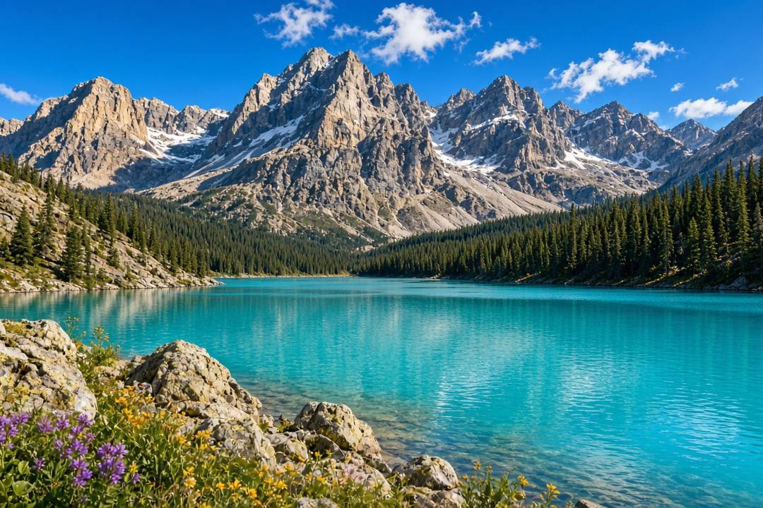 A turquoise mountain lake under a blue summer sky, with rocky snow-dusted peaks, dark green forest along the shore and wildflowers among boulders in the foreground