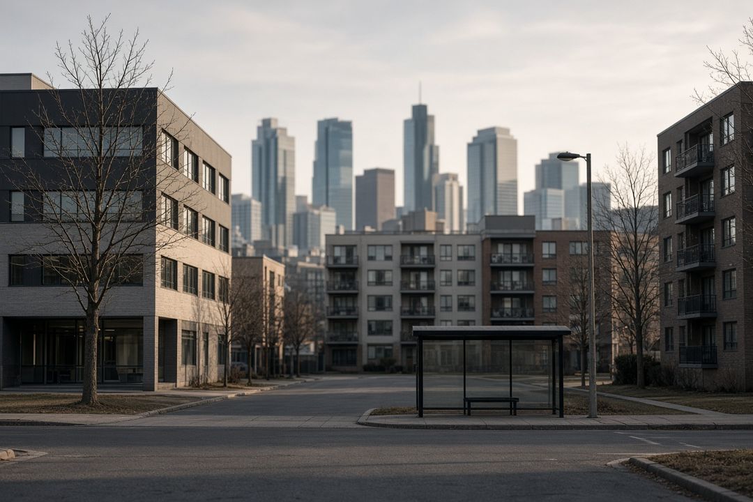 Mid-rise buildings and an empty transit shelter on a quiet street, bare trees and blurred towers behind